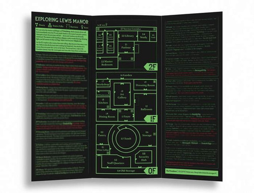 black brochure with green font  with a map