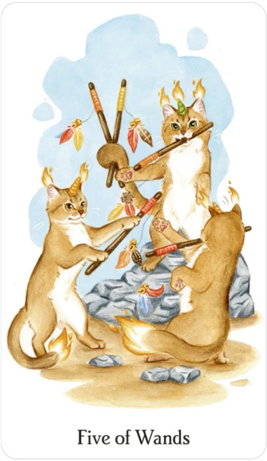 a cat themed five of wands