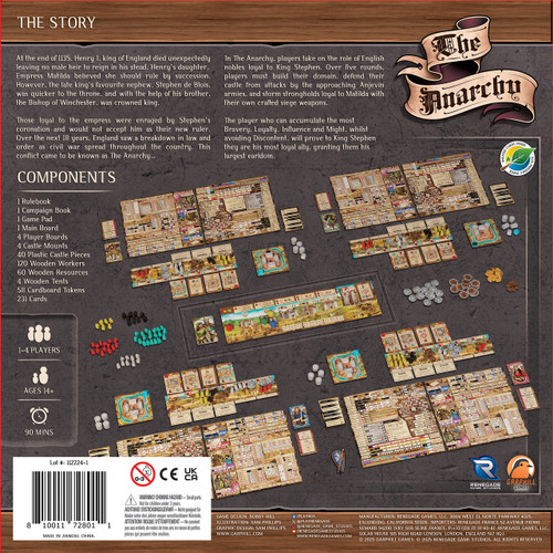 the back of the game box with character boards pieces and meeples and tokens