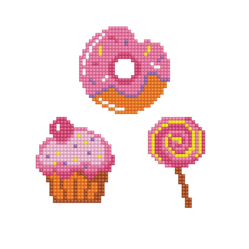 Diamond art stickers depicting a cupcake, lollipop and donut