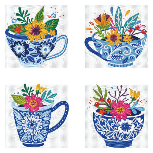 Four diamond art pieces featuring teacups with flowers in them