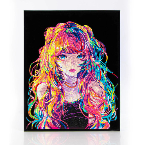 Completed diamond art depicting an anime art character with colorful neon hair