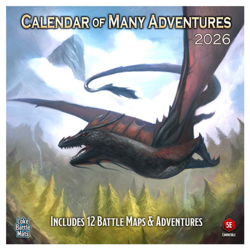 Calendar cover art depicting dragons flying over a mountainous forest
