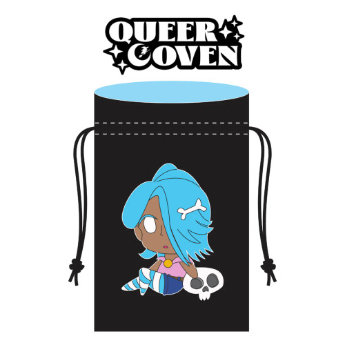 Dice bag with embroidery of a blue-haired character with a skull