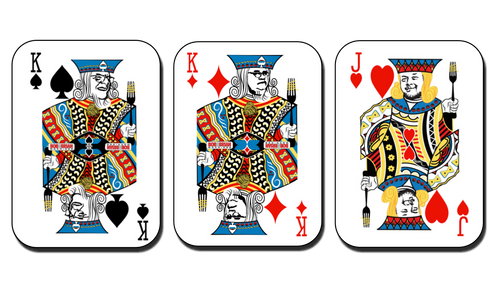 Three example cards from the deck: King of spades, king of diamonds, jack of hearts