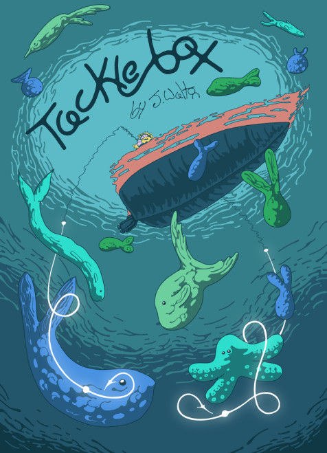 Book cover, illustrated art depicting fish circling a fishing boat from below