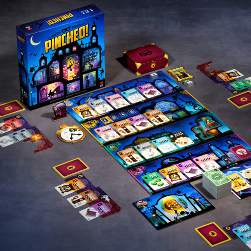 the game set up with the rooms and cards set up for each player