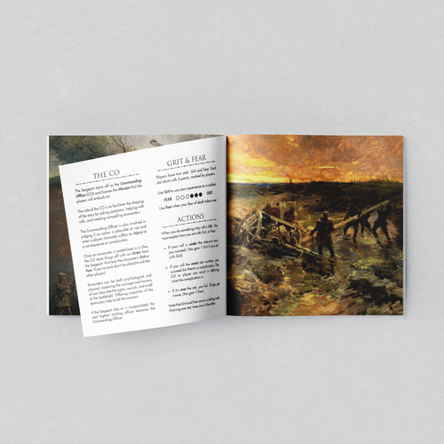 page spread of book featuring the CO character description and the post scene of a battle
