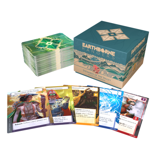 the front of game box with green top and some cards on display