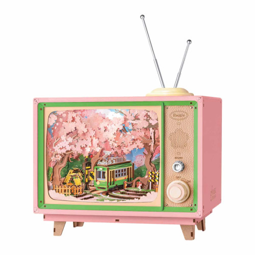 Completed model of a television set with moving tram inside