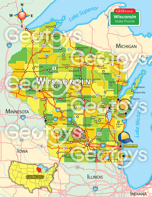 state puzzle with highways, cities and countries with green and yellow hues