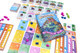Close up of bright color components, cards, meeple flowers, and a color coded tracker