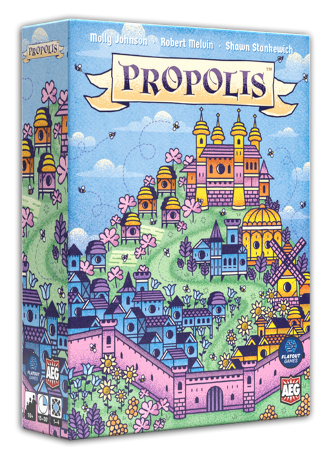 front of game box featuring a city on a hill with flowers and bees
