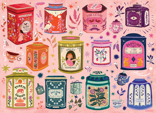 the pink   background with various colors of tins