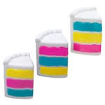 An assortment of Peace O Cake sensory squish toys with layers of color in different orders.  One is yellow, pink, blue.  One is pink, blue, yellow.  One is blue, yellow, pink.