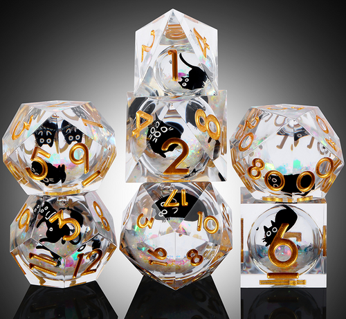 Set of clear RPG dice with liquid cores and cartoonish black cats