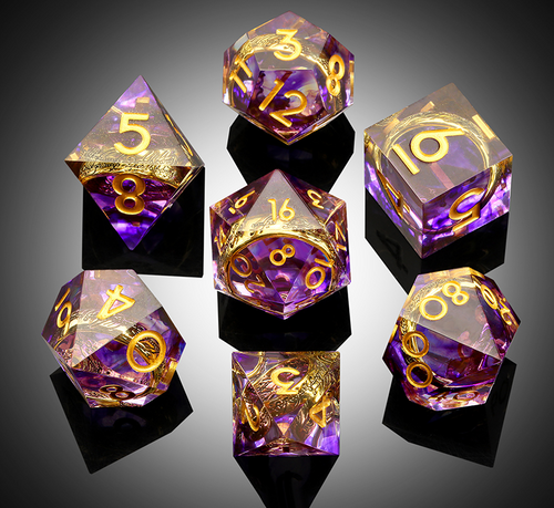 Set of 7 RPG dice with magical ring resin inclusions