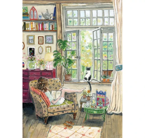 Puzzle image, depicting a person relaxing and reading in an armchair while nearby a cat looks out the window to a garden