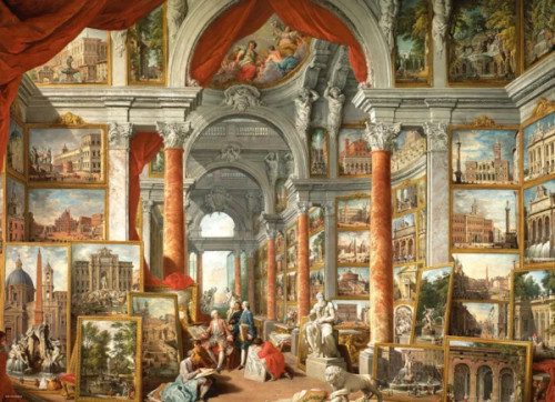 many many frames of art with gold frames in arches