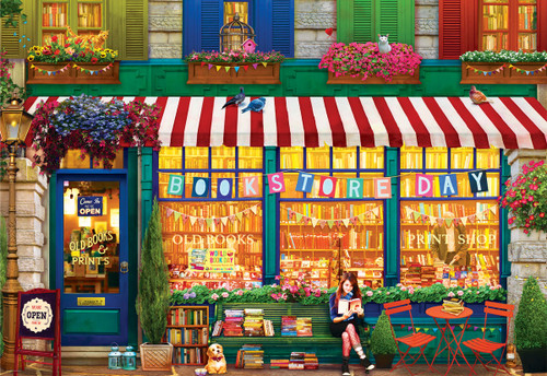 book store with glowing windows and other quaint details