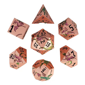 Copper tone metal dice set with dragons etched among their faces