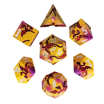 Yellow metal dice with red dragon imagery across their faces