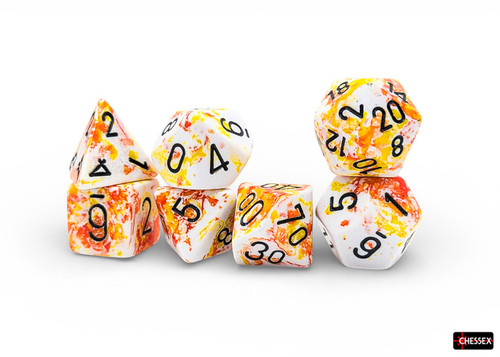 Set of seven white RPG dice with yellow and red paint patterns and black numerals