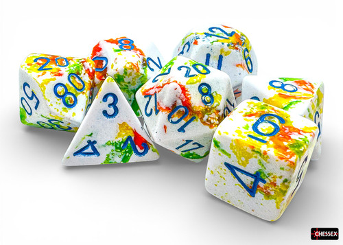 White RPG dice set with colorful splotch pattern and blue numerals