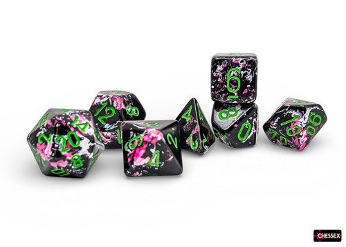 Set of RPG dice with black and pink design and green numerals