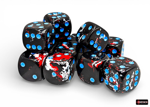 Black, red and white patterned dice with blue pips