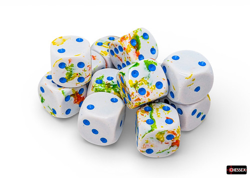 White dice with colorful splatter patterns and blue pips