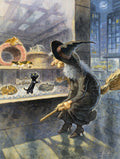 a witch on a broom looking at a kitten in a pet shop
