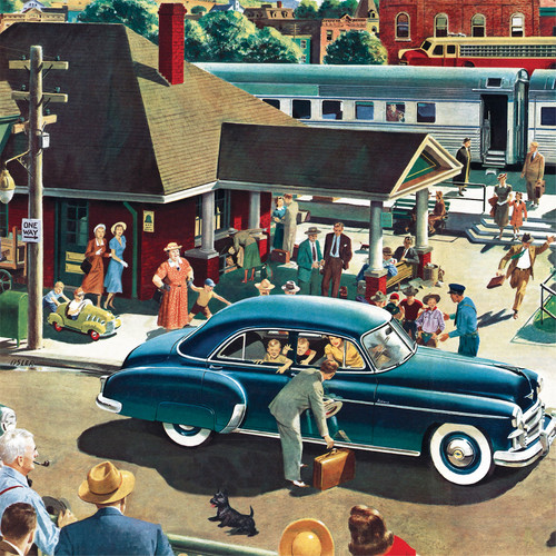 a train station with normal activities going on around, families saying goodbye and a fella running late