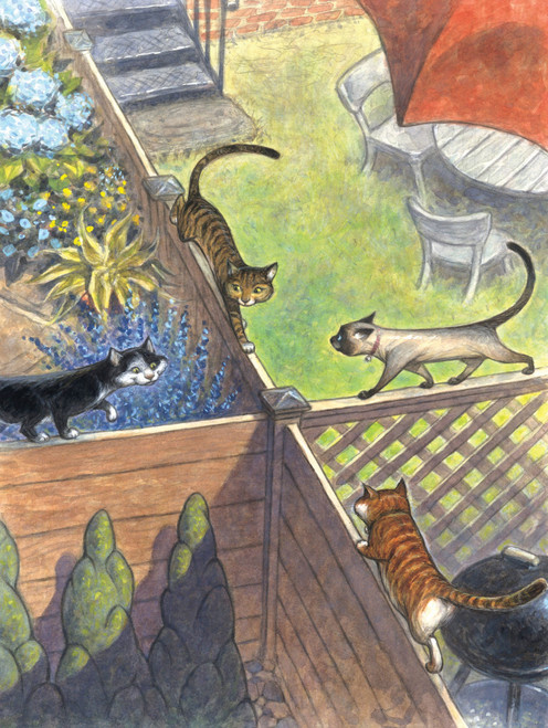 4 cats meeting at a corner neighborhood fence