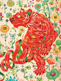red ribbon tiger with floral behind