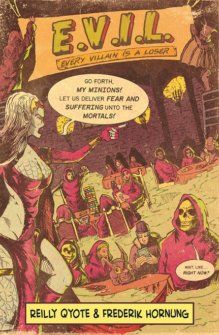 Zine cover, depicting a comic book-style panel of villains in a dungeon