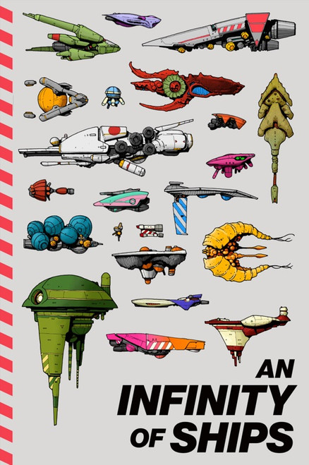 Book cover, depicting a collage of space ships in different colors, styles, sizes and materials