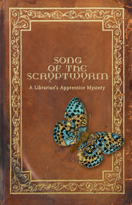 Book cover, depicting the title and a butterfly on a worn leather pattern