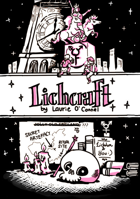 Zine cover, depicting black, white and pink illustrations of candles, a skulls and other witch paraphernalia