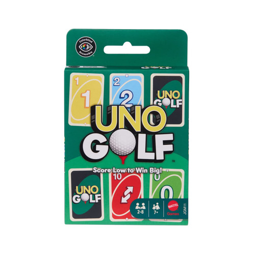 front of packaging, green with cards and golf ball on a tee