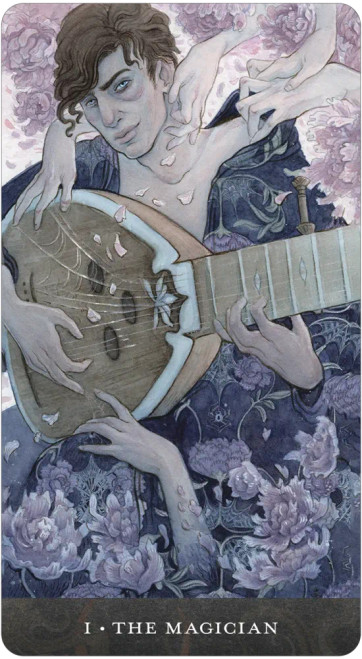 magician card blue hue with guitar and extra hands