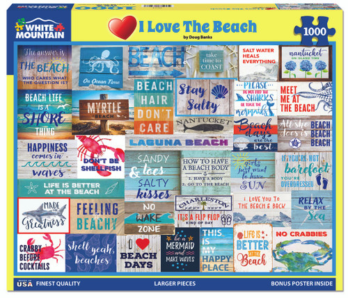 an overlapping of common quaint phrases, with lots of blue shades and the front of the puzzle box
