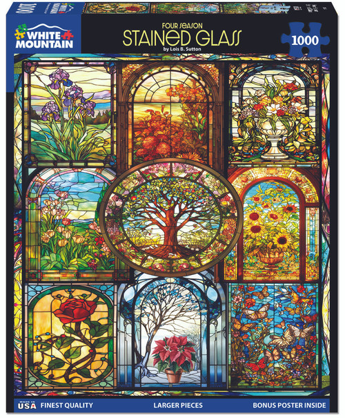 the front of the puzzle box featuring the four seasons in various glass floral  depictions 9 panels
