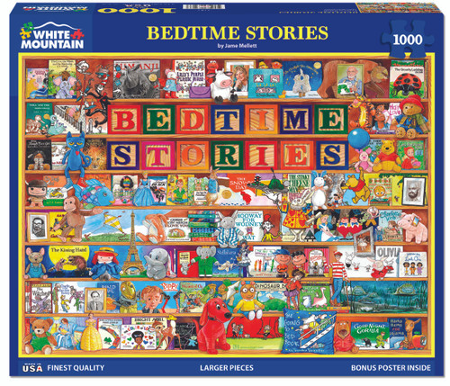 front of puzzle box with book shelves with wooden letters