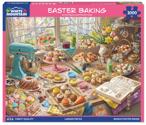 front of puzzle box, a spread of beautiful with a teal mixer and bright window