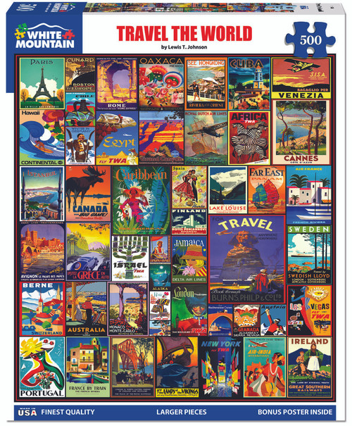 front of the puzzle box with posters for various places