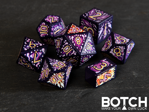 bright purple background with dark purple dice and yellow numbers