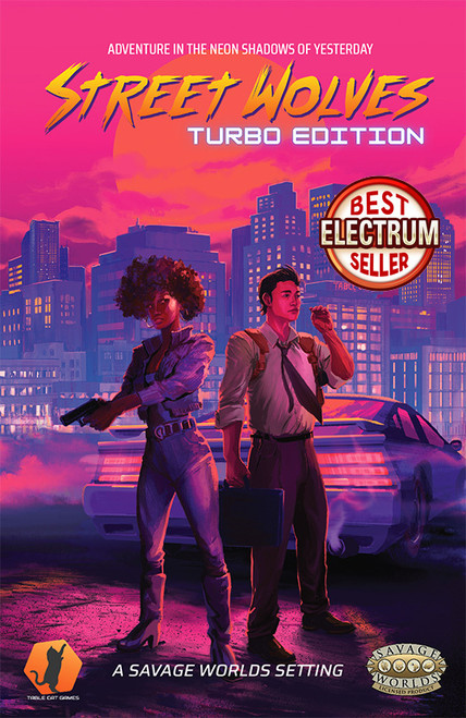 Book cover, depicting two characters in front of a colorfully lit skyline as a car drives away behind them