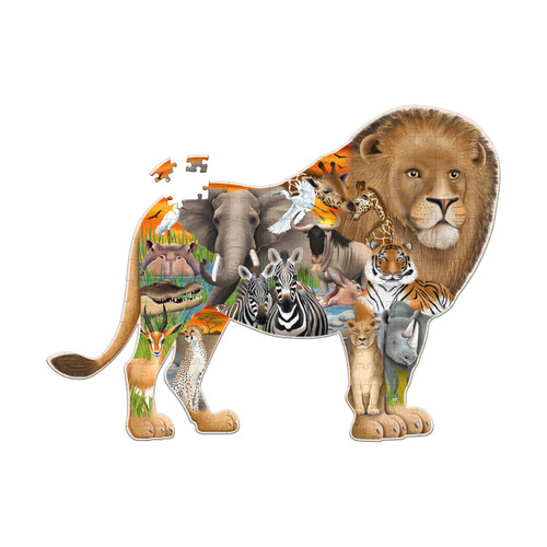 lion outline with several safari animals within