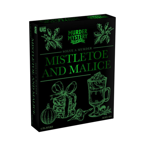 black front of game box with green foil font and mistletoe